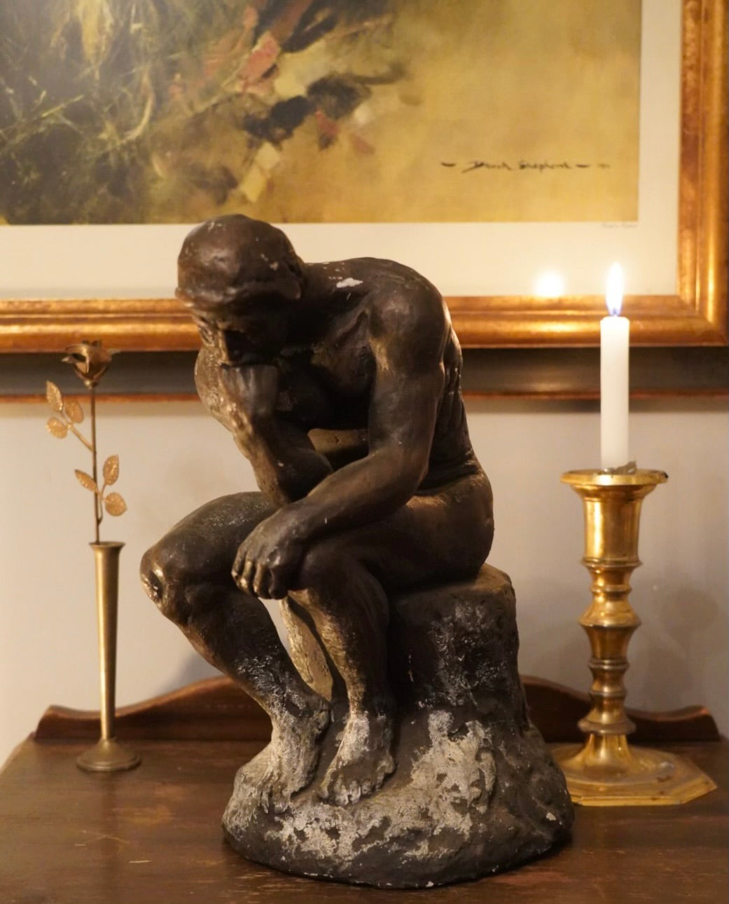 The Thinker” Inspired Sculpture - 11” Tall, Heavy Bronze-Style Finish