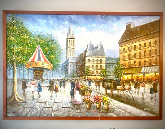 Charming European Street Scene by D. Korden – Impressionist Oil Painting in a Wooden Frame